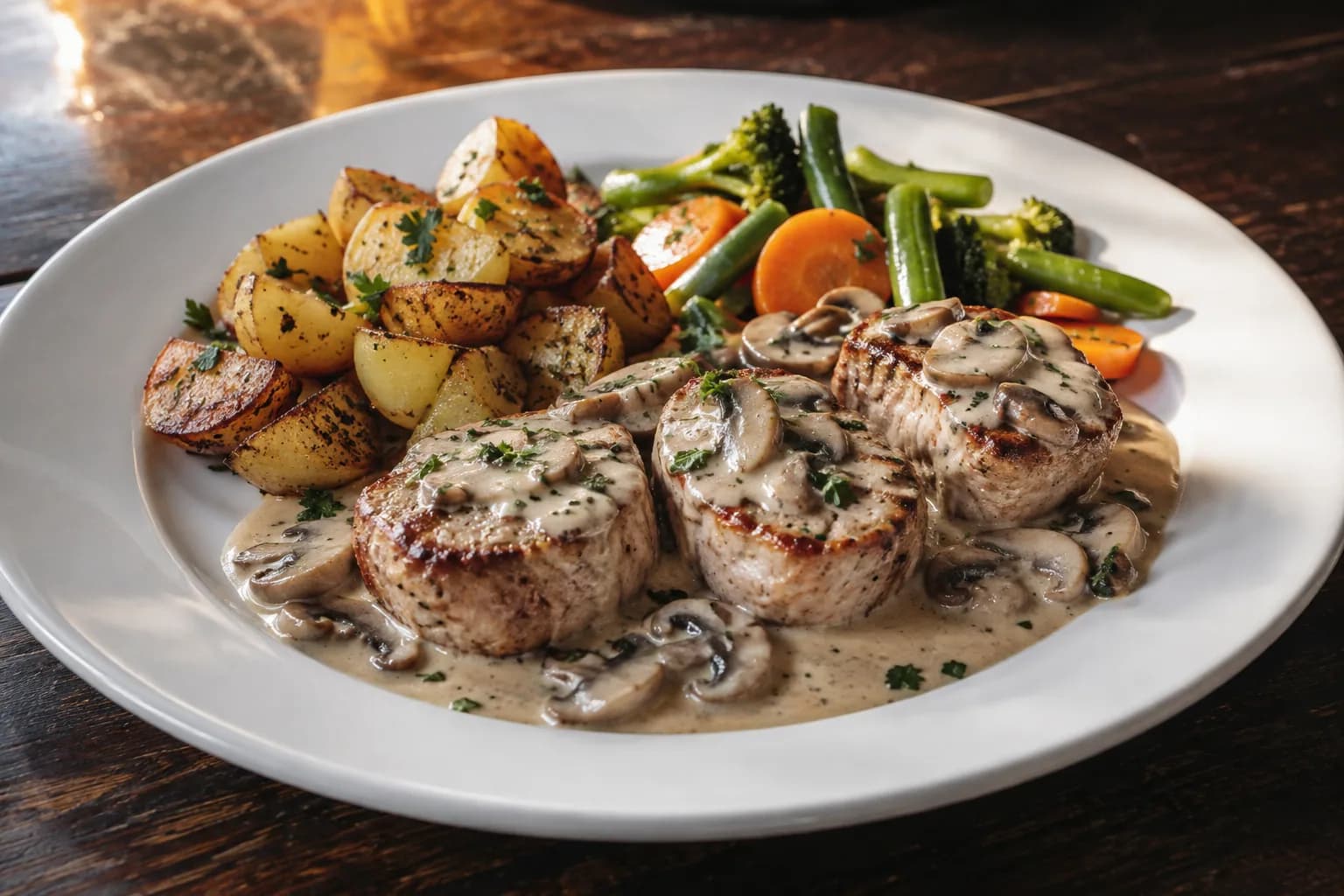 Symbolfoto von Schweinemedaillons mit Champignon-Rahmsauce