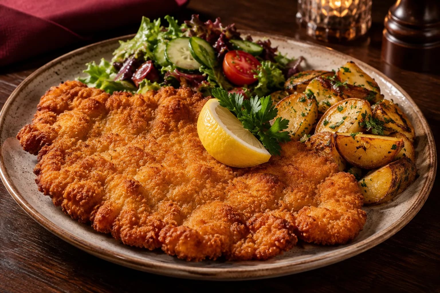 Symbolfoto eines panierten Schnitzels mit Kartoffelbeilage