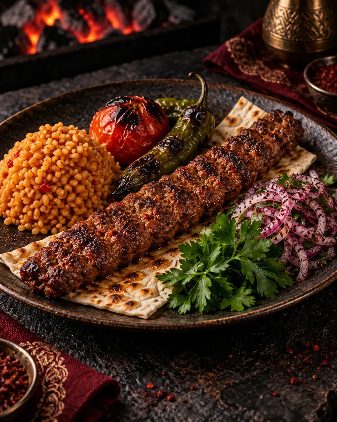 Adana Kebap vom Holzkohlegrill mit Reis und Grillgemüse