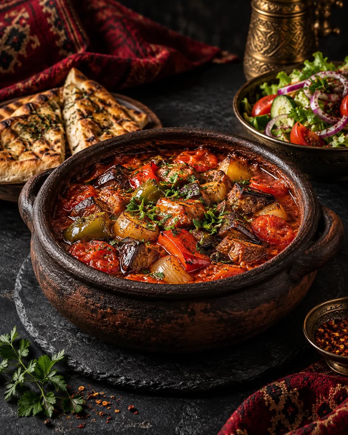 Türkischer Güveç Schmortopf mit Gemüse und frischem Salat