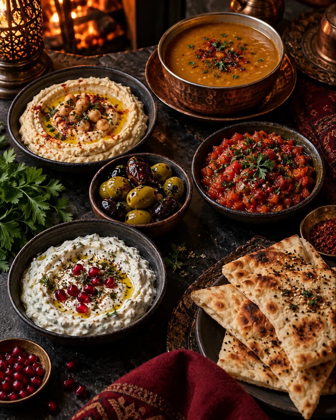 Türkische Meze mit Linsensuppe, Dips und Fladenbrot