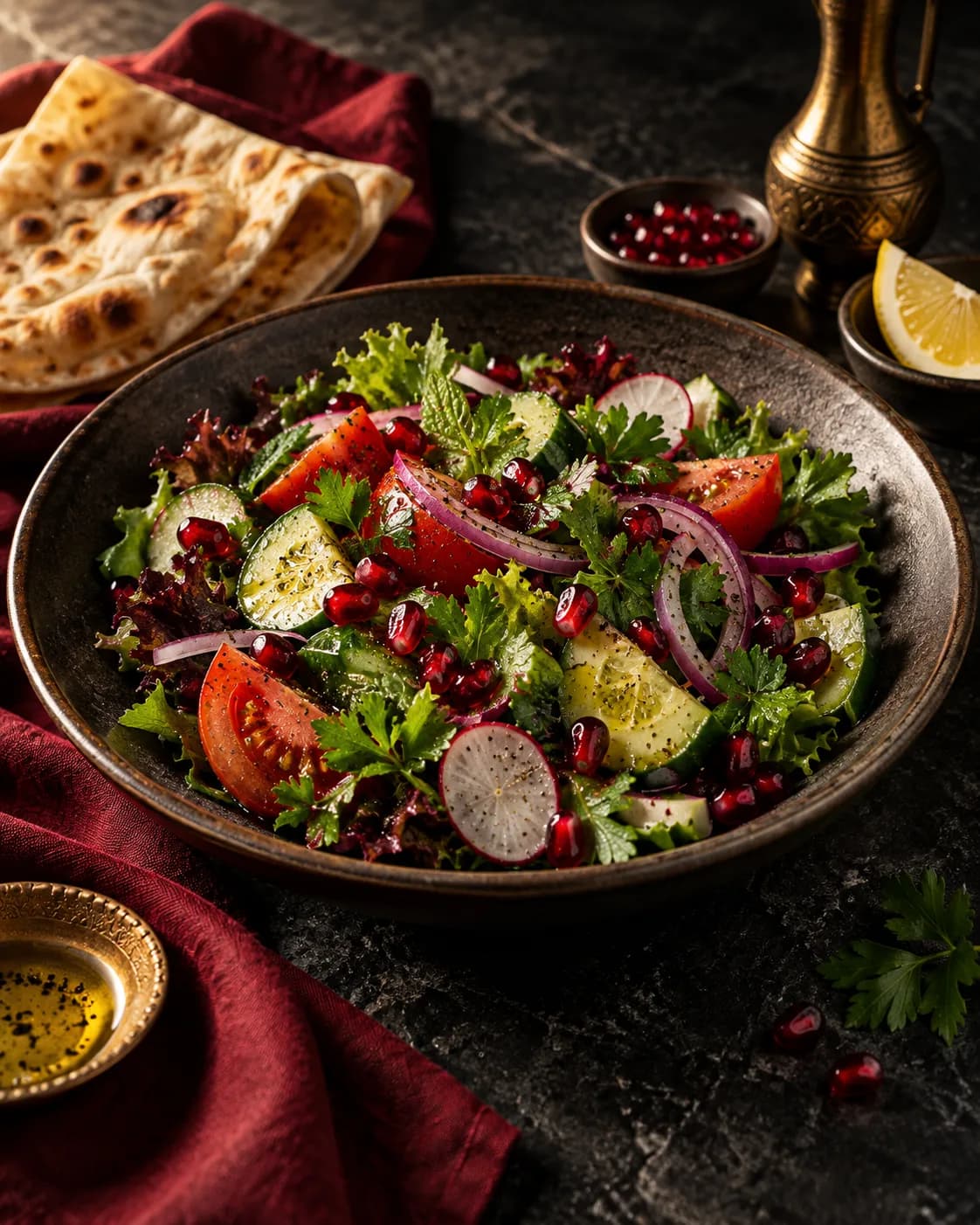 Frischer saisonaler Salat mit Kräutern und Granatapfel