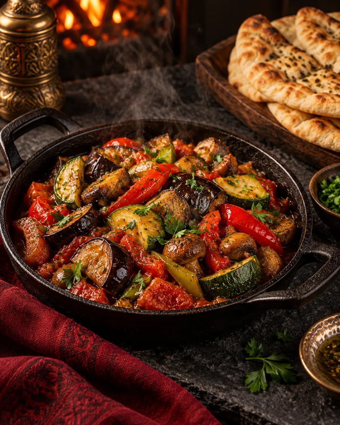 Türkische Gemüsepfanne mit Zucchini, Aubergine und Champignons